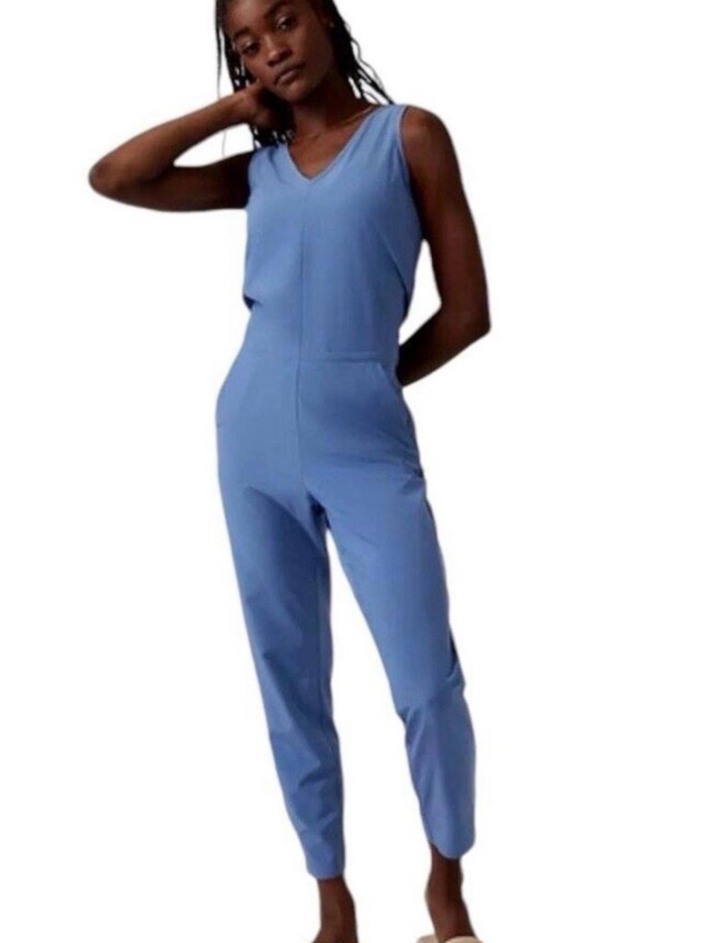 Athleta Light Blue V‑Neck Sleeveless Jumpsuit